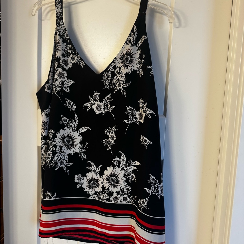 Roz & Ali Black Floral V-Neck Tank with Red Stripe Hem